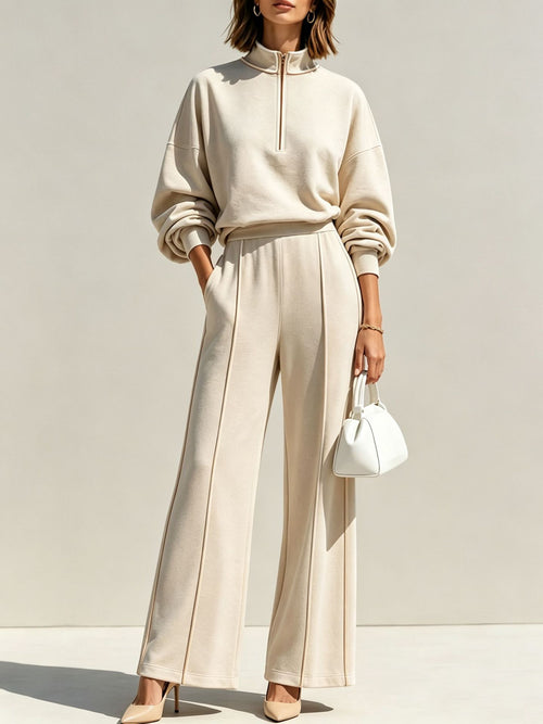 Women's Half-Zip Hoodie Wide-Leg Pants Set