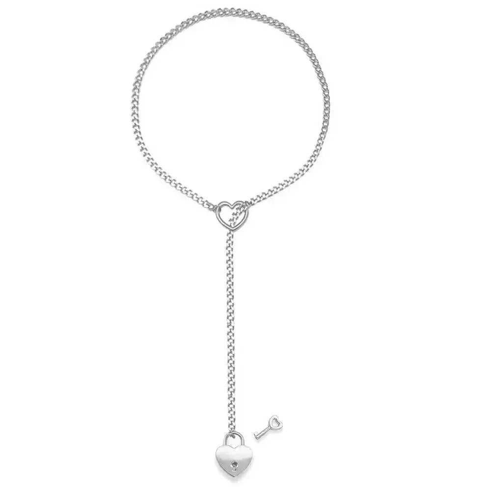 Adjustable heart O-ring Cuban chain necklace with key and heart lock pendant