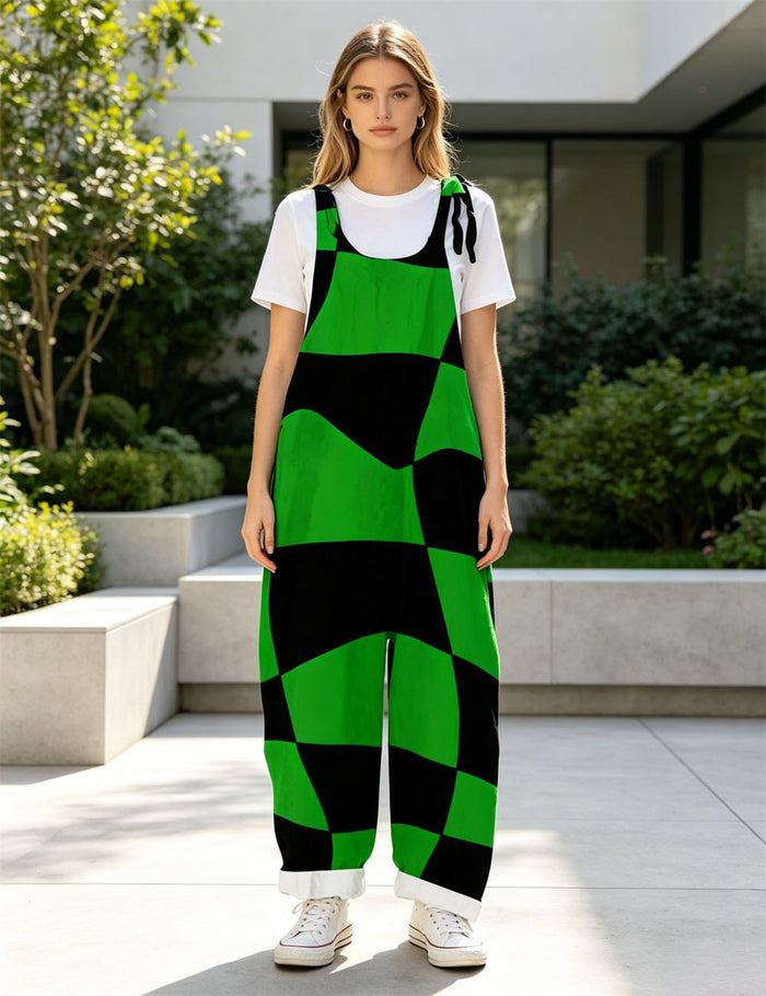 Women's Abstract Green Swirl Print Overalls Tie Shoulder Wide Leg Jumpsu