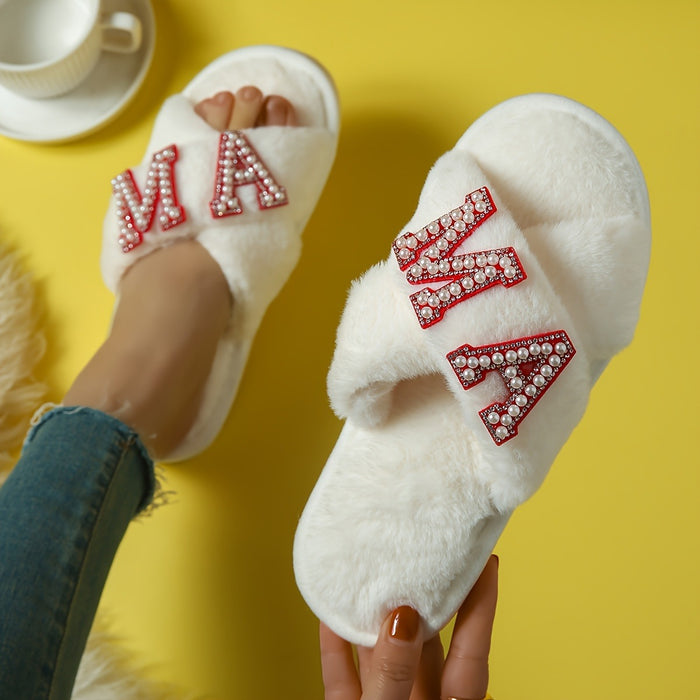 M 32101 Bride Fluffy Slippers Pearl Letters Wedding