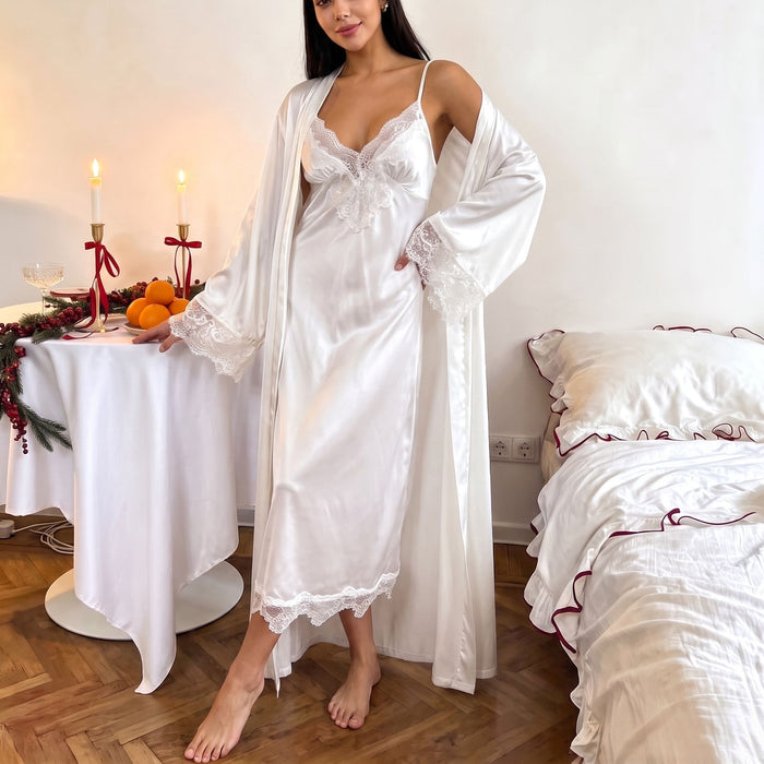 Lace V-neck Long Camisole Nightdress With Lace-trimmed Cuffs Robe Set