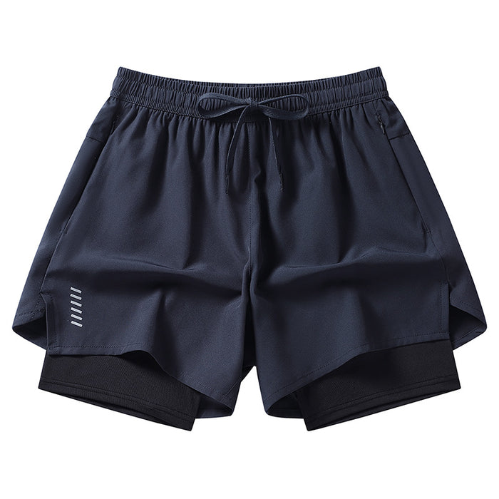 Ice Silk Sports Shorts For Men, American Style, Knee-Length, Double-Layered, Faux Two-Piece, Three-Quarter Length Shorts For Training, Running, Fitness, Straight-Leg, Ice-Feel