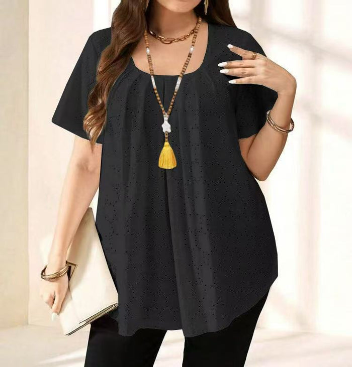 Women's Hollow-Out Embroidered Pleated Square-Neck Top