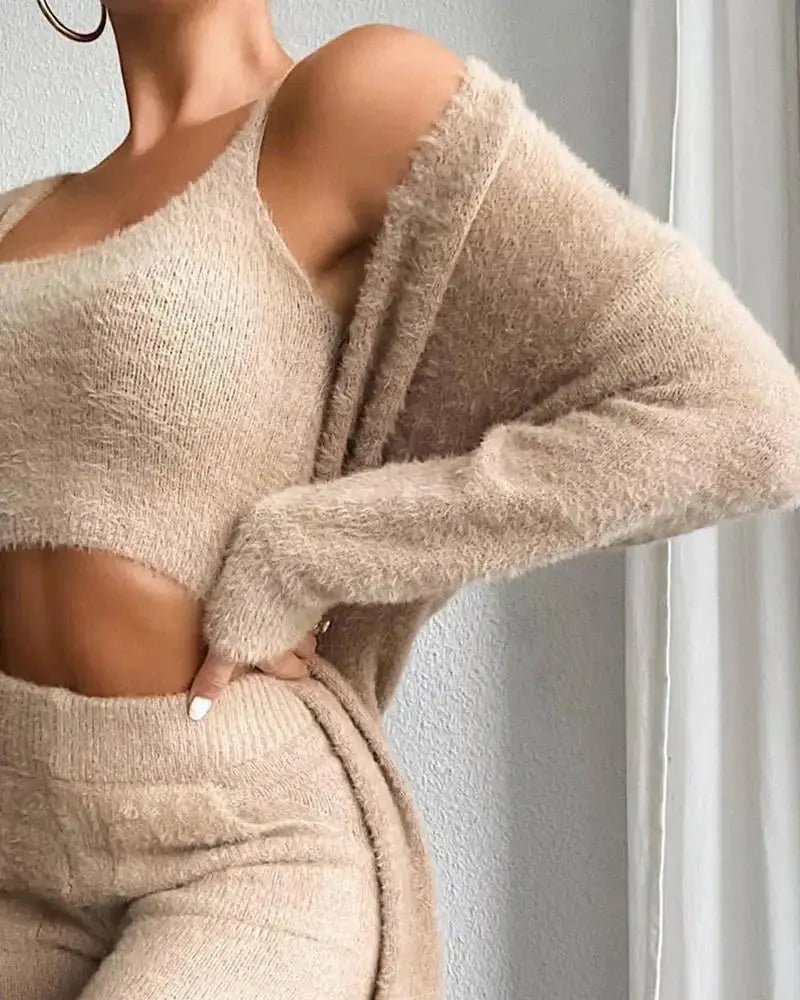 Beige fuzzy fleece loungewear set, soft cozy lounge outfit for women