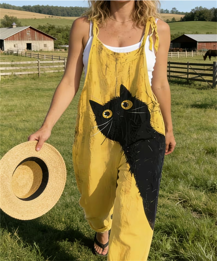 Women's Tie Shoulder Overalls, Green Farm Goat Cartoon Print Wide Leg Jumpsuit