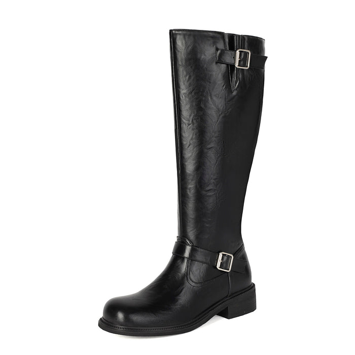 Wide-calf Straight-leg Metal-buckle Tall Boots