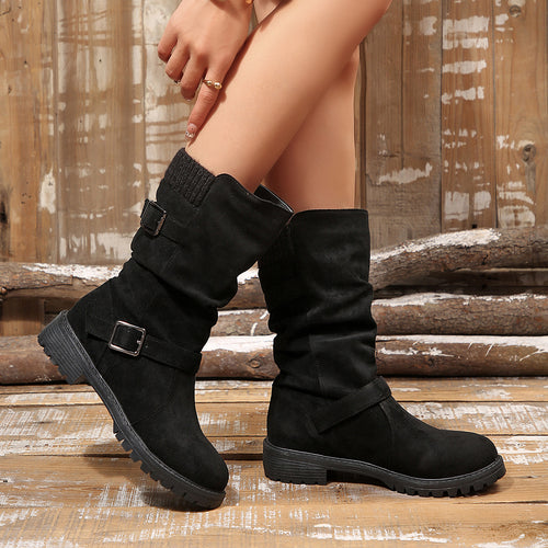 Cuffed Pleated Knit Ankle Boots With A Round Toe And Square Heel For Women