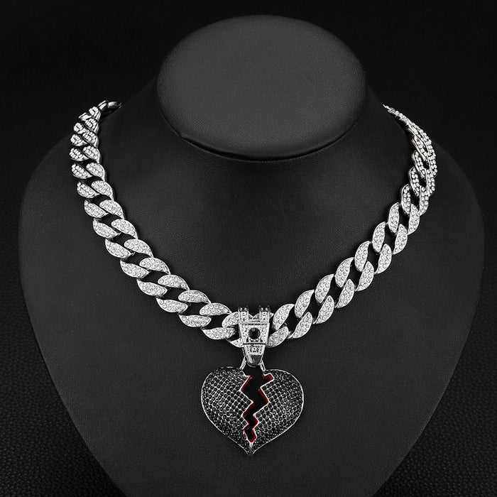 Broken Cracked Heart Pendant Clasp Cuban Chain