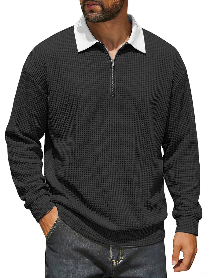 European And American New Spring Men's Waffle Color-Blocked Half-Zip Polo Shirt American Casual Cross-Border Foreign Trade Sweatshirt