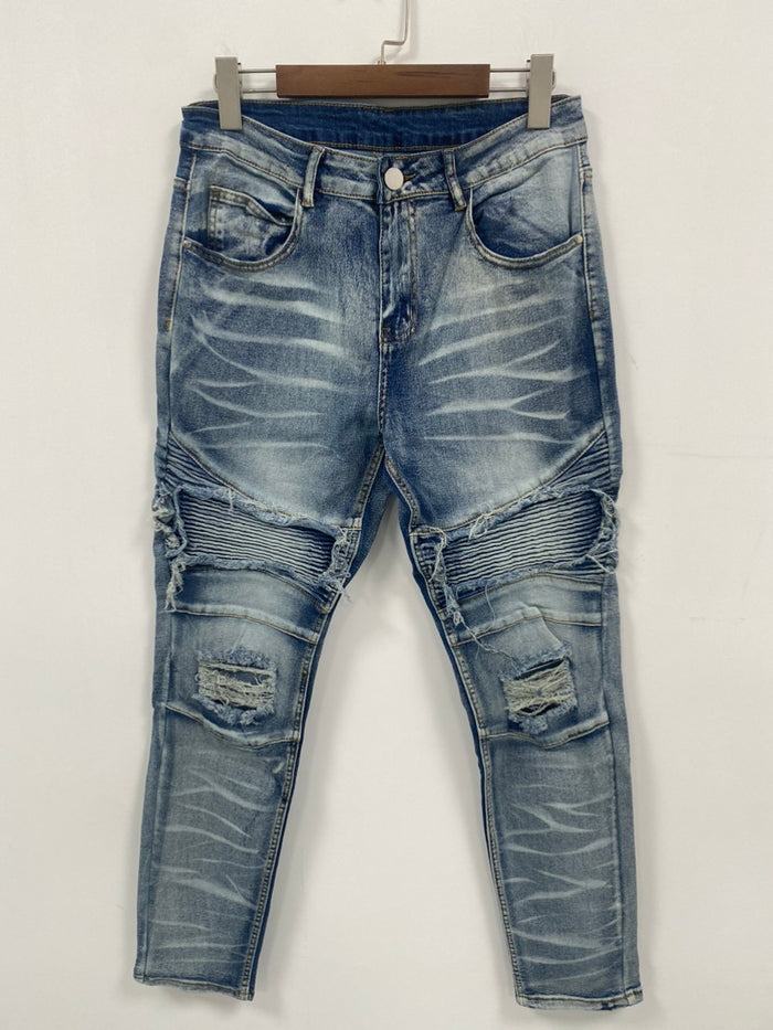 Cross-Border Foreign Trade Temu Men's Ripped Biker Jeans Slim Fit Stretch Street Fashion Brand Patchwork Long Pants Men's Trendy Clothing