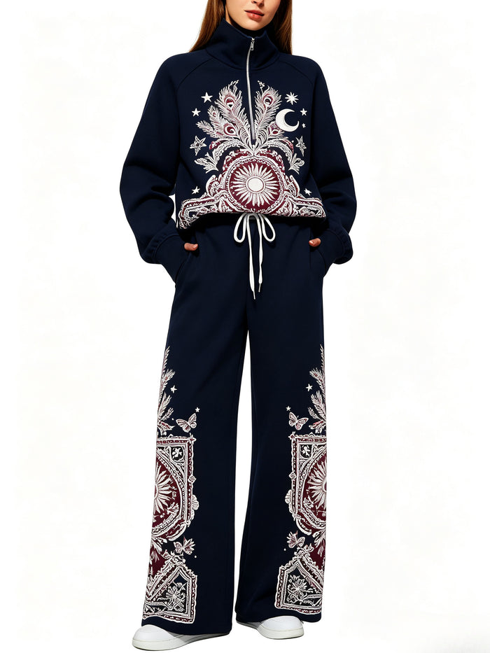 Bohemian-style Printed Half-zip Sweatshirt Elegant For Commuting