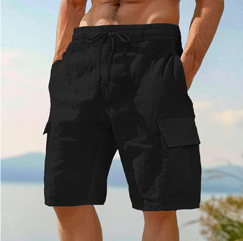 Beach Shorts With Elastic Waist Drawstring Multiple Pockets Solid Color