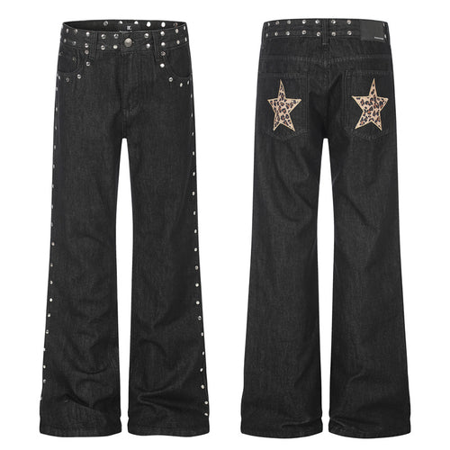 Retro Studded Leopard-print Patch Flared Jeans
