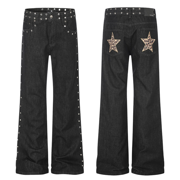 Retro Studded Leopard-print Patch Flared Jeans