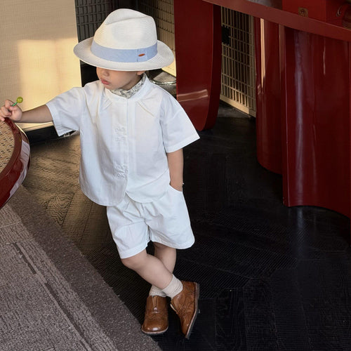 Stylish And Trendy Kids Versatile White Short-sleeve Shirt And Shorts