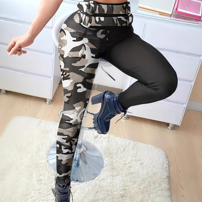 Fashionable Color-block Leather Belt Tight-fitting High-waisted Leggings