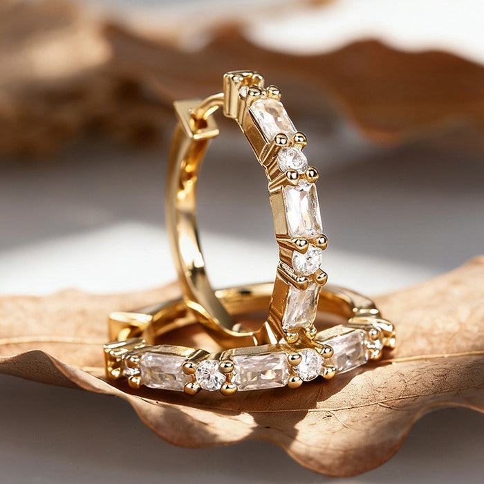 French Style Stepped Square Cut Zircon Stud Earrings - Gold Silver Two Tone Metal Clip Back Earrings for Women