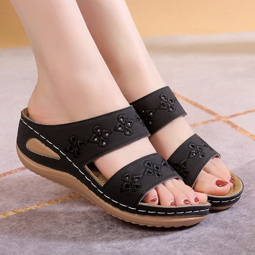 Wedge-heeled Embroidered Round-toe Open-toe Casual Womens Slippers