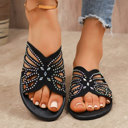 Women's One-strap Round-toe Casual Flip-flops With Butterfly Rhinestones